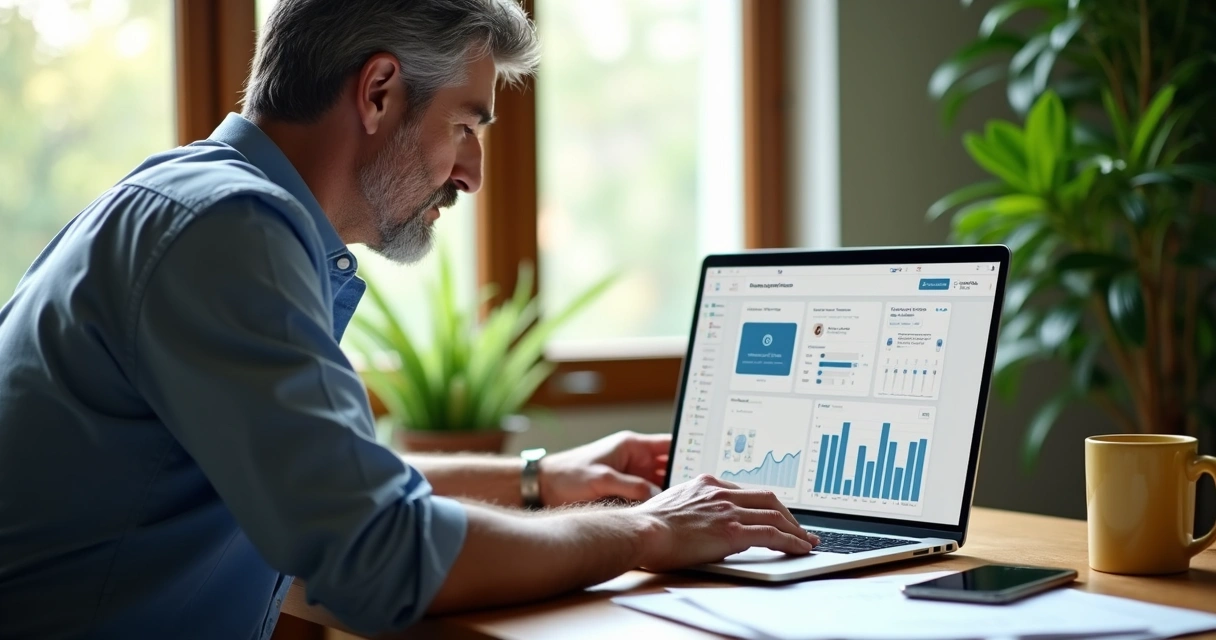 Proprietário utilizando um notebook para gerenciar aluguéis