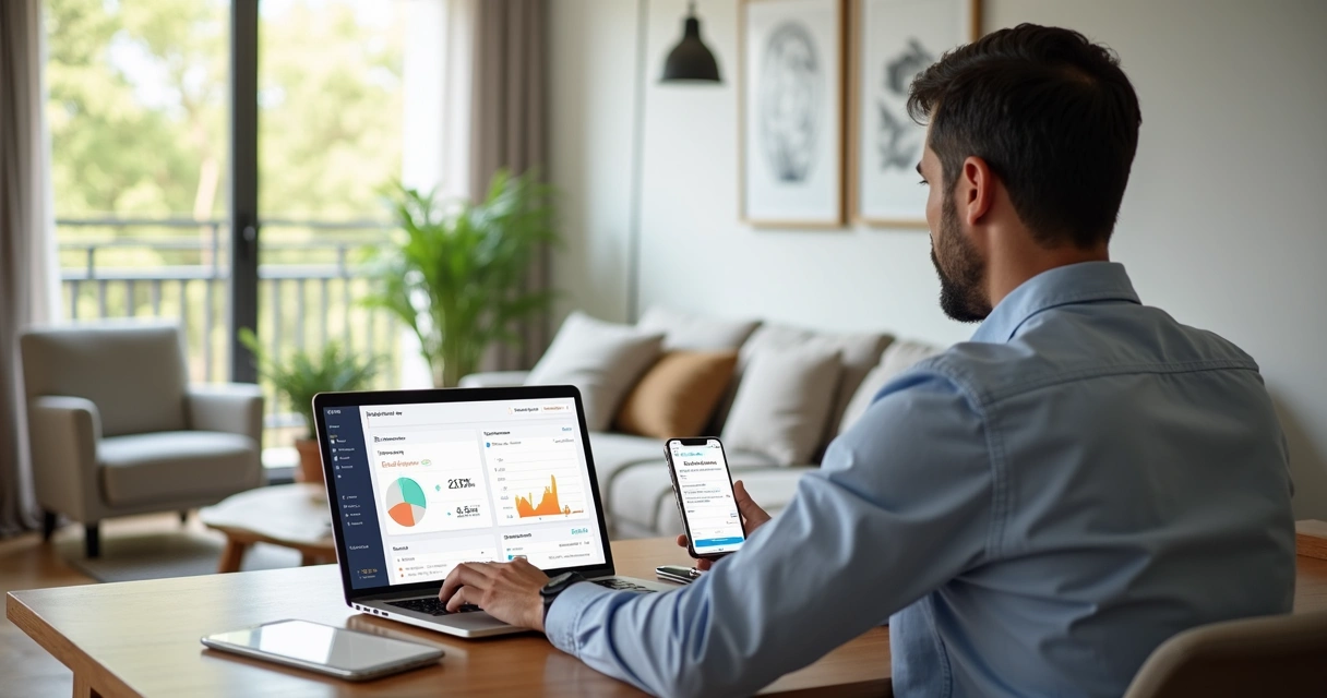 Proprietário analisando gestão de aluguel de apartamento no notebook 