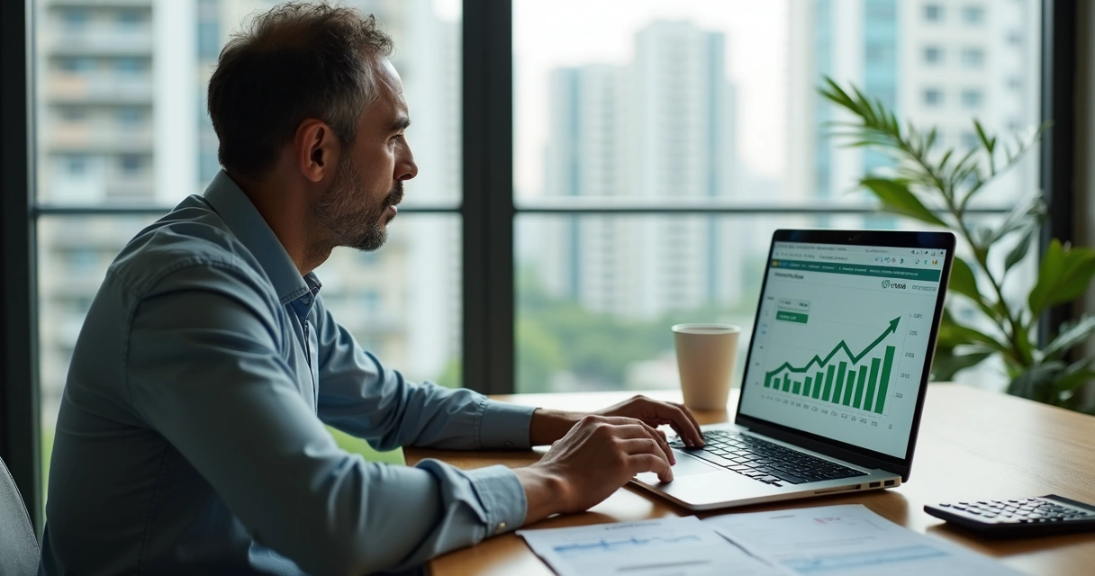 Proprietário analisando aluguel e impostos com gráficos de economia na tela 