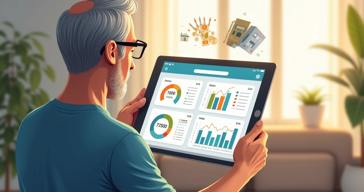 Proprietário observando tela de aplicativo de gestão imobiliária em tablet