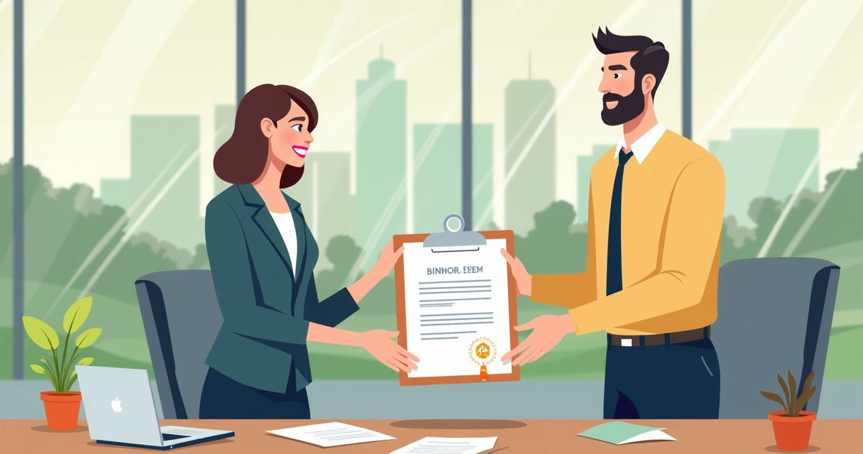 Homem recebendo documento de registro de imóvel 