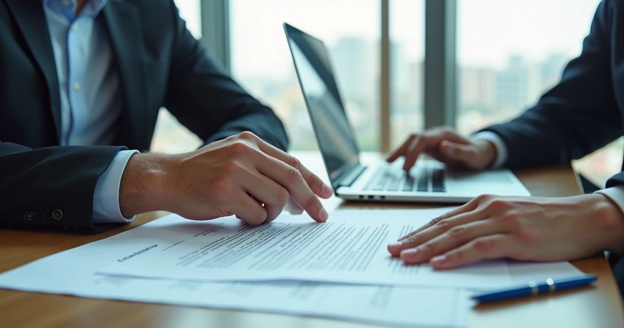 Duas pessoas discutem contrato em escritório com laptop e folhas de papel 