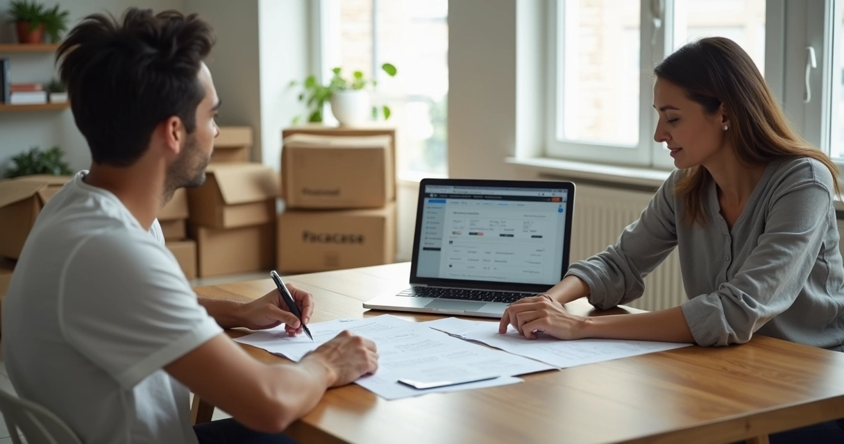 Proprietário e inquilino revisando contrato de aluguel em mesa com caixas de mudança ao fundo 