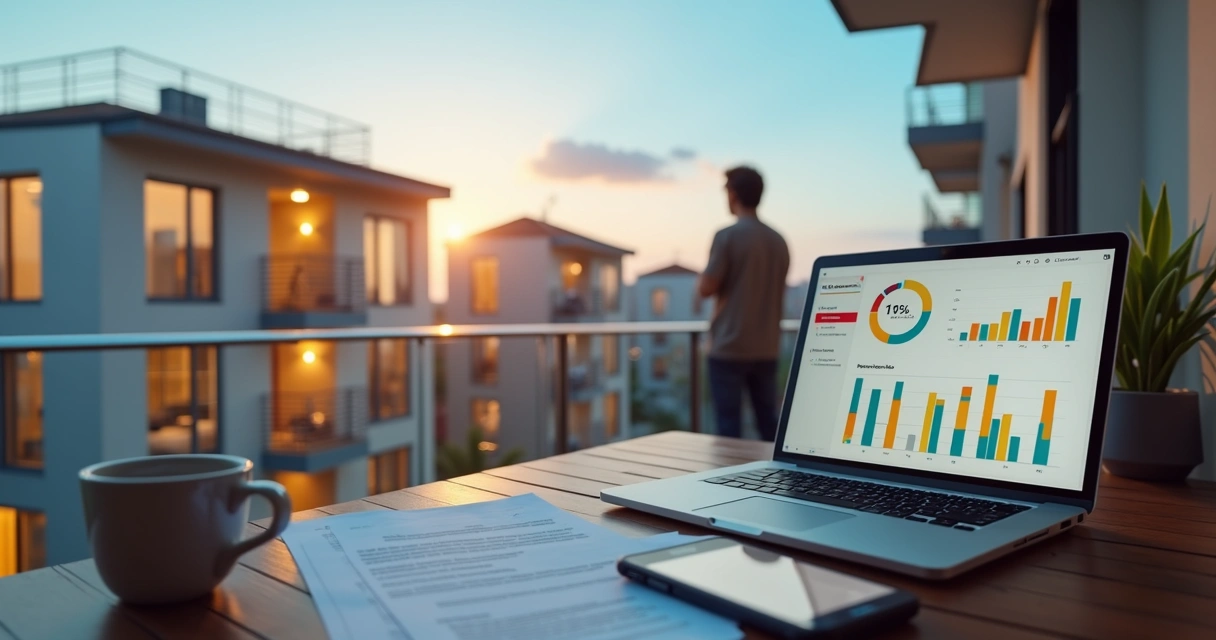 Proprietário analisando renda de aluguel de kitnets em prédio compacto moderno 