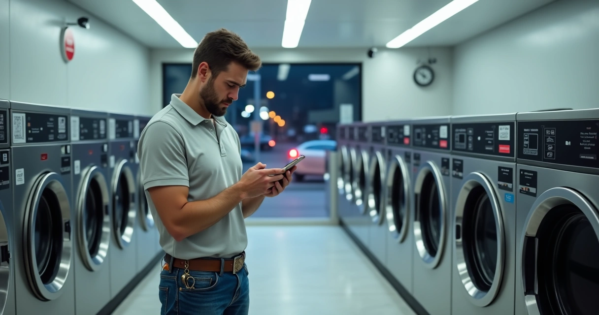 Dono de lavanderia self service preocupado ao olhar o celular dentro da loja 