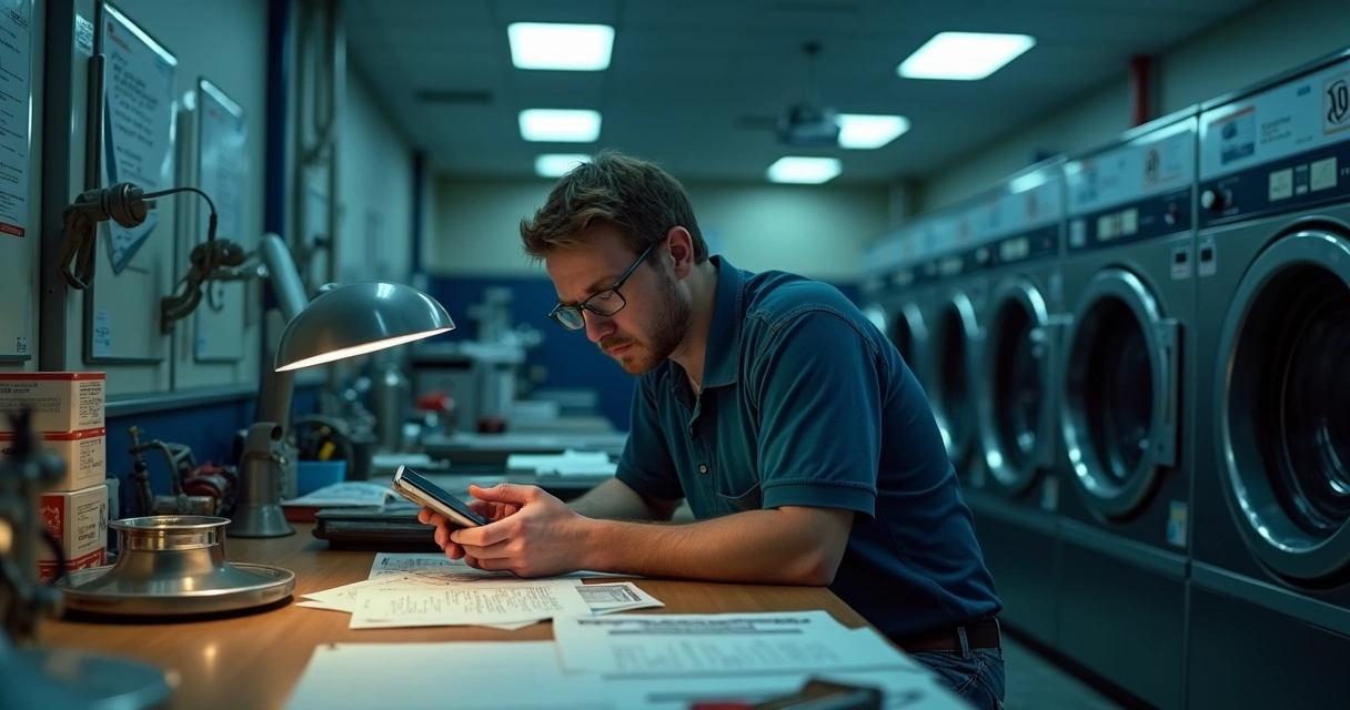 Proprietário de lavanderia self service sentado sozinho olhando preocupado para o celular 