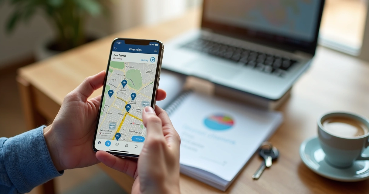 Pessoa negociando imóvel com aplicativo aberto mostrando mapa e dados 