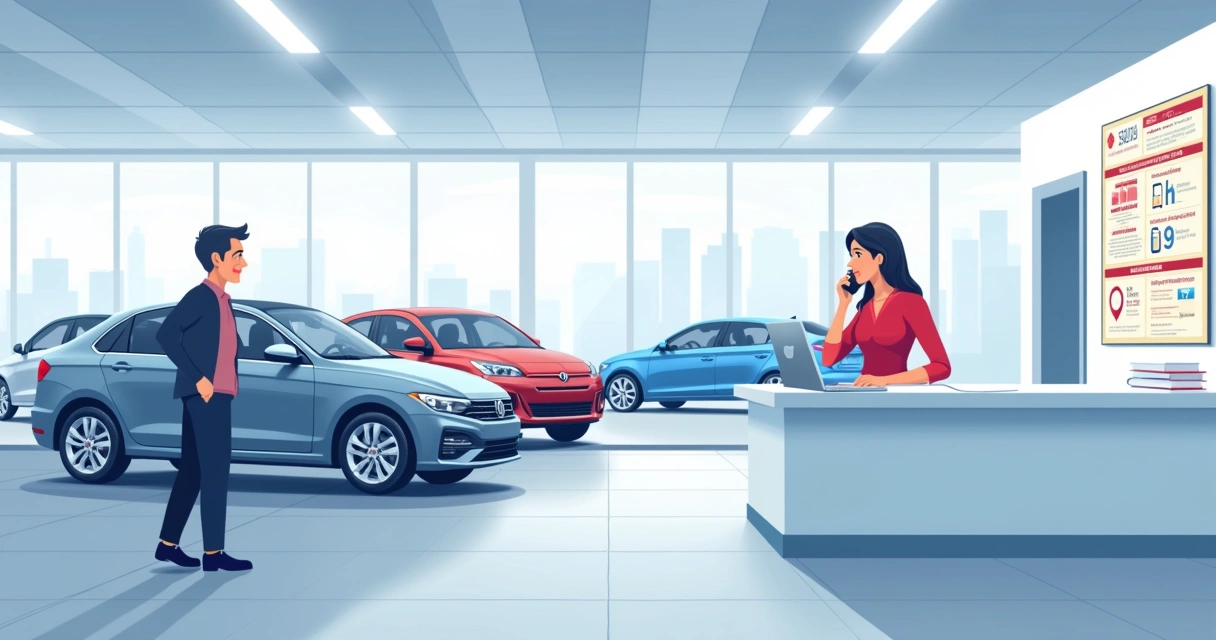 Proprietário preocupado em uma concessionária de carros discutindo um defeito com atendente amigável.