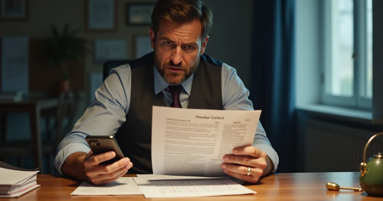 Proprietário segurando contrato enquanto olha preocupado para agenda com boleto atrasado 