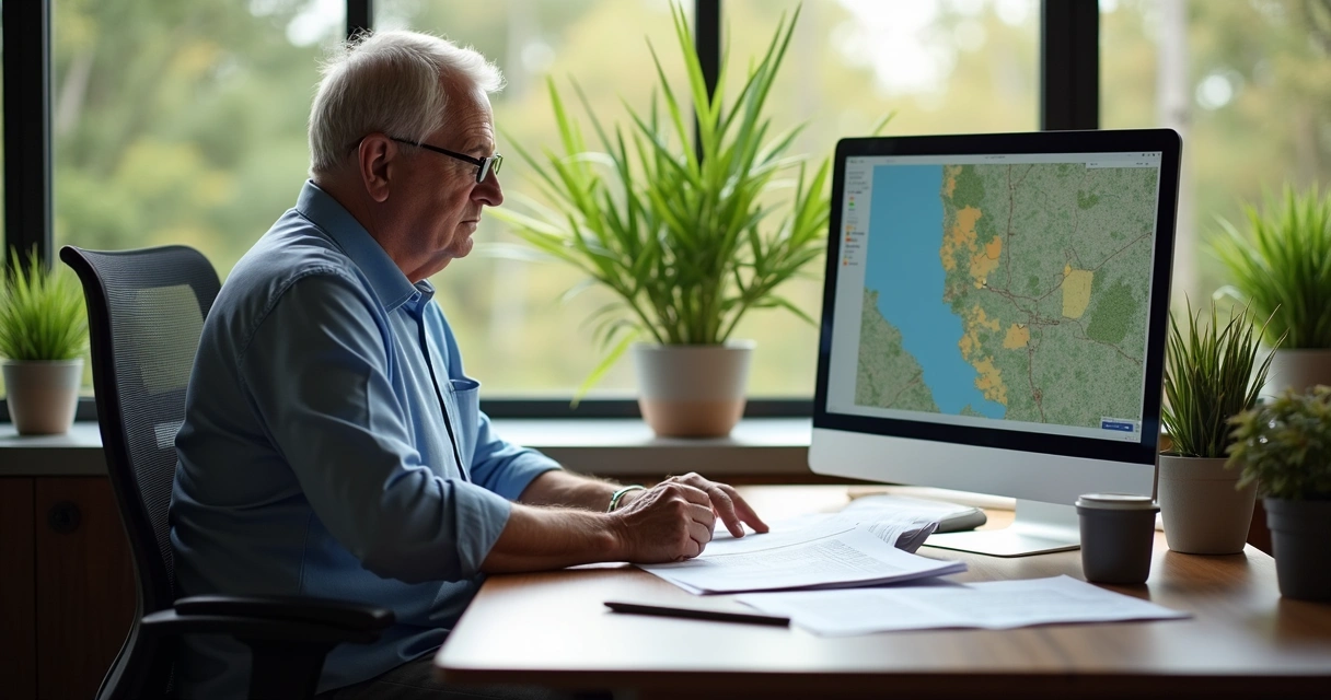 Produtor rural analisando documentos ambientais em escritório moderno 