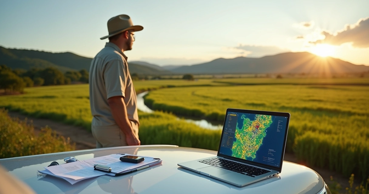 Produtor rural analisa mapa georreferenciado da propriedade no laptop em meio à plantação 