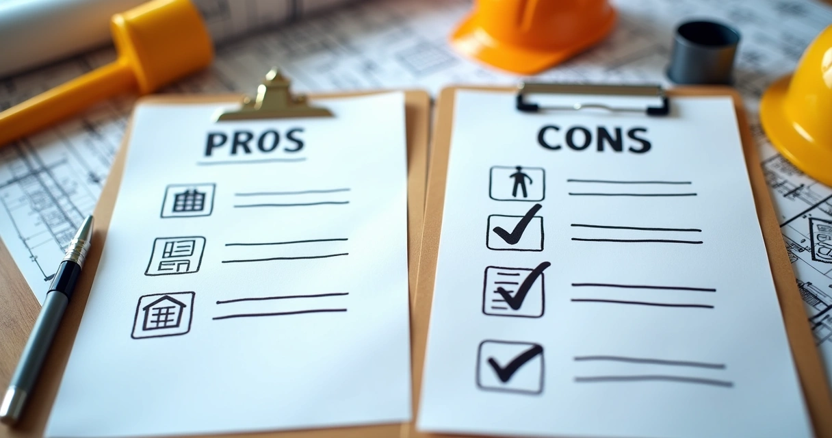 Side-by-side checklist of pros and cons for construction financing 