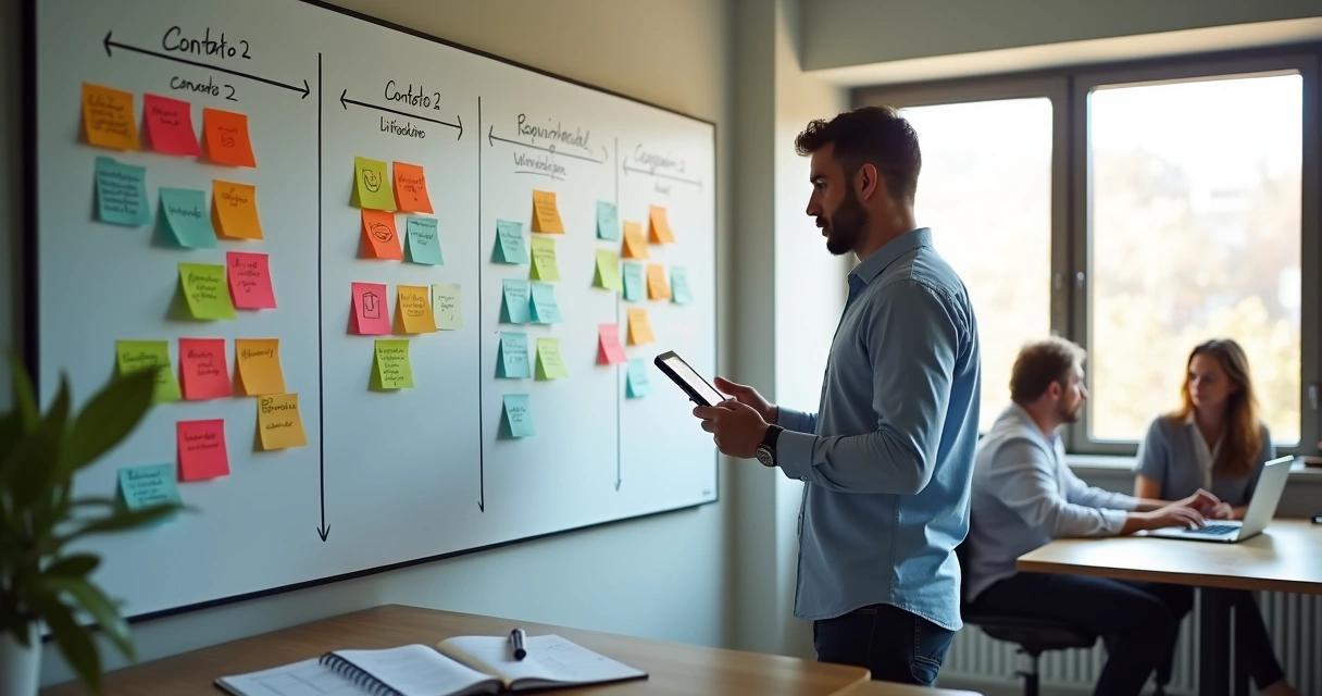 Gestor de vendas organizando cadência de prospecção em quadro kanban colorido 