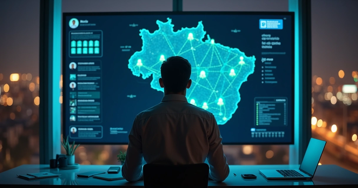 Gestor de PME analisando mapa do Brasil com alvos de prospecção em painel digital 