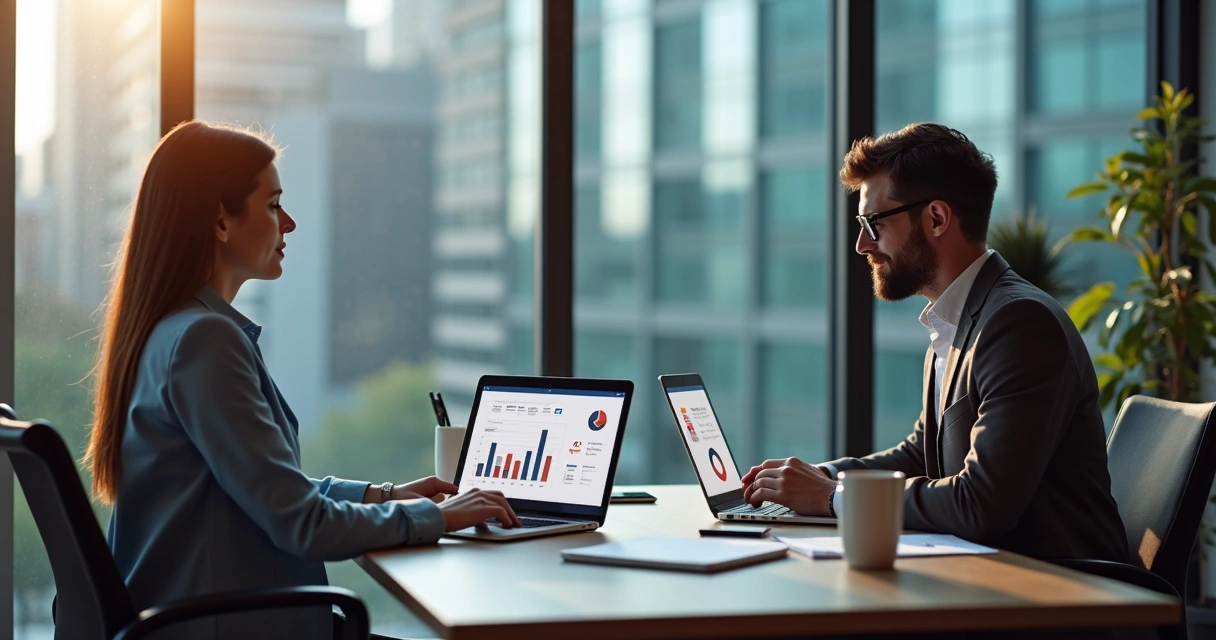 Duas pessoas analisando gráficos de vendas em notebooks na mesa de escritório. 