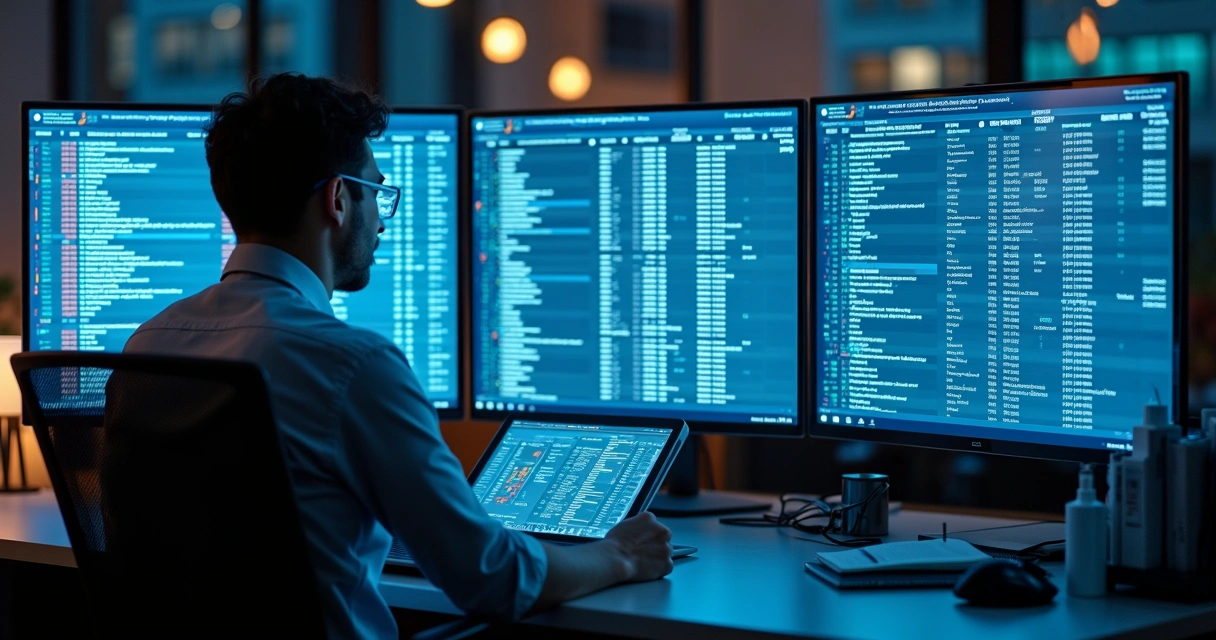 Profissional analisando listas de leads empresariais em telas digitais 