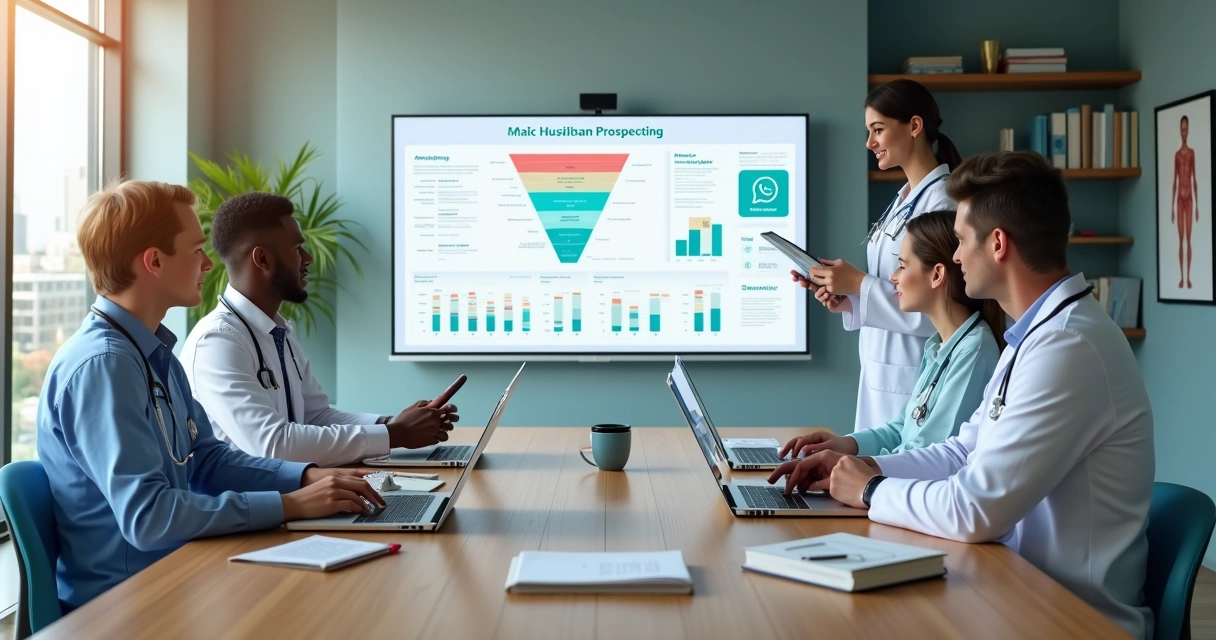 Equipe de clínica médica analisando painel digital de prospecção de pacientes 