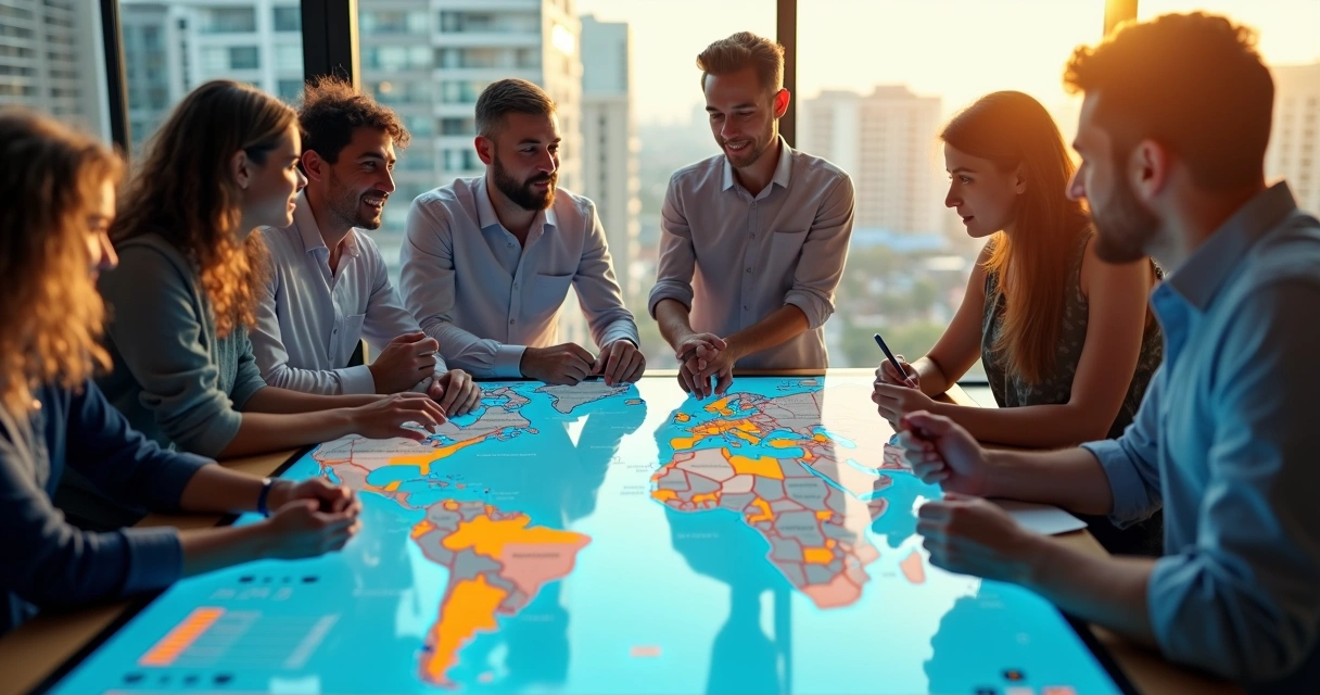 Equipe de vendas analisando mapas e relatórios de prospecção de obras na construção civil. 