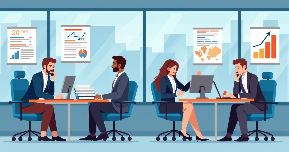Equipe comercial prospectando clientes via computador e telefone