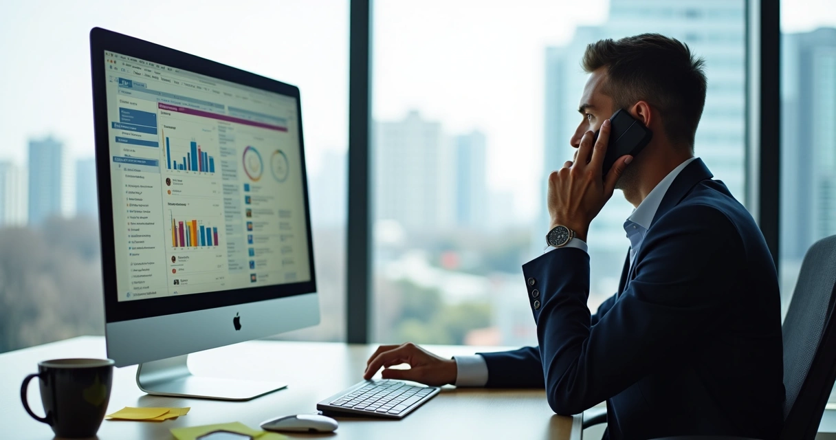 Executivo ao telefone analisando gráficos de leads em monitor 