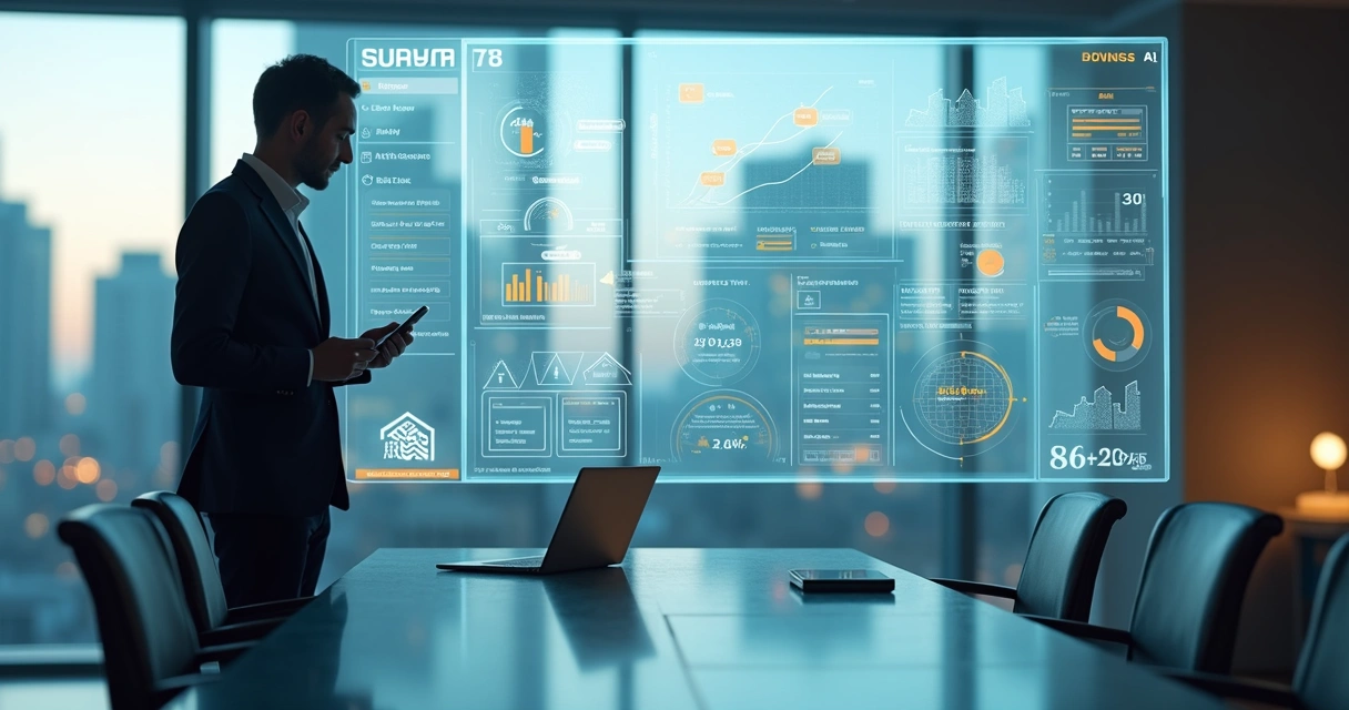 Gestor imobiliário observando painel digital de prospecção ativa com apoio de IA 