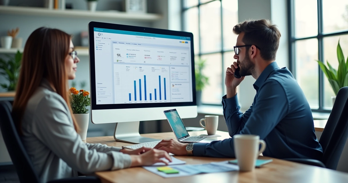 Agente de vendas ao telefone com planilha aberta, enquanto outro avalia leads recebidos 