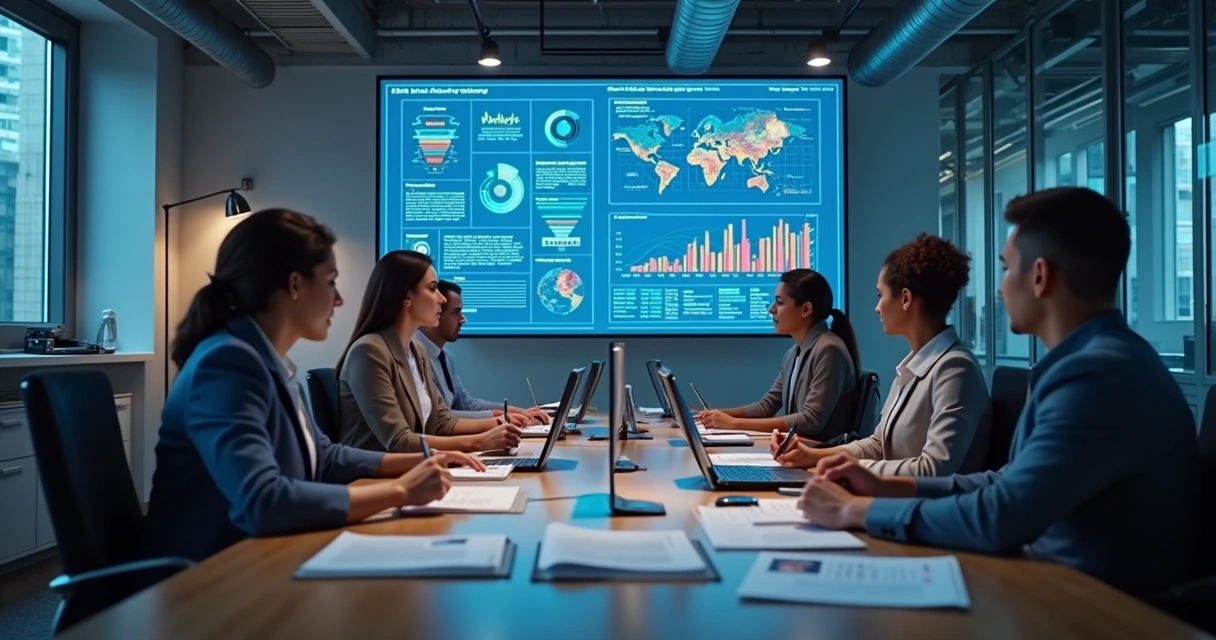 Profissionais de vendas B2B analisando dados e estratégias de prospecção em escritório moderno com computadores e gráficos digitais 