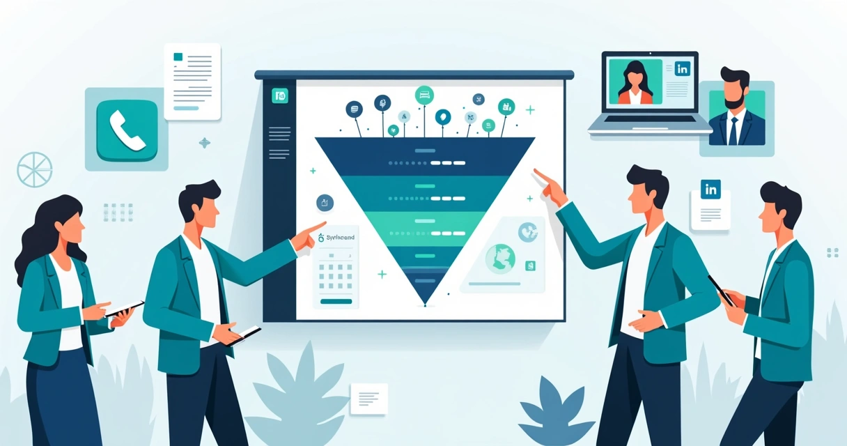 Equipe de vendas de PME planejando prospecção ativa em painel de funil de vendas 