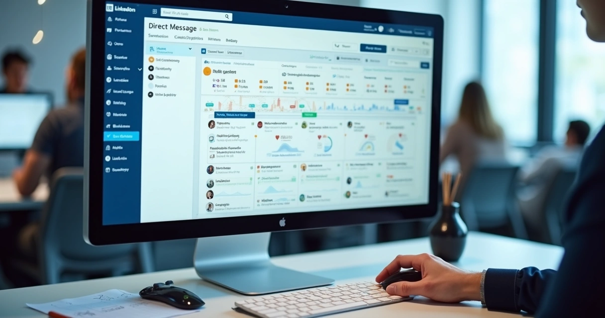 Tela de computador exibindo automações de prospecção e mensagens automáticas no LinkedIn 