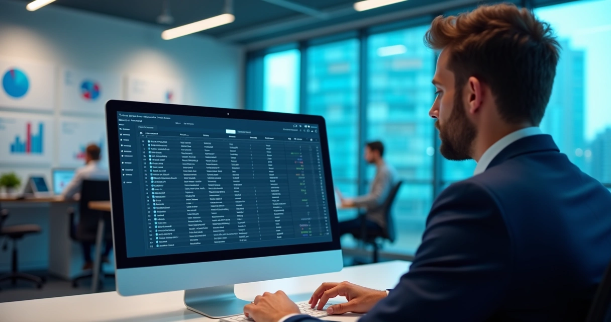 Profissional comercial analisando lista de empresas em computador para prospecção ativa 