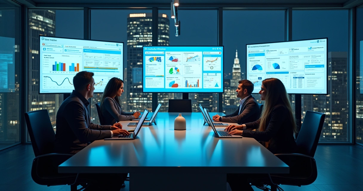 Equipes comerciais analisando dados B2B em grandes telas integradas com gráficos coloridos e dashboards 