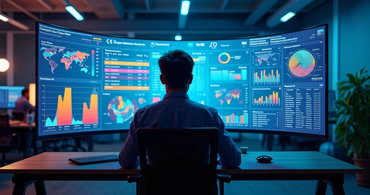 Profissional de vendas analisando painel de Big Data com gráficos coloridos e mapas de calor 