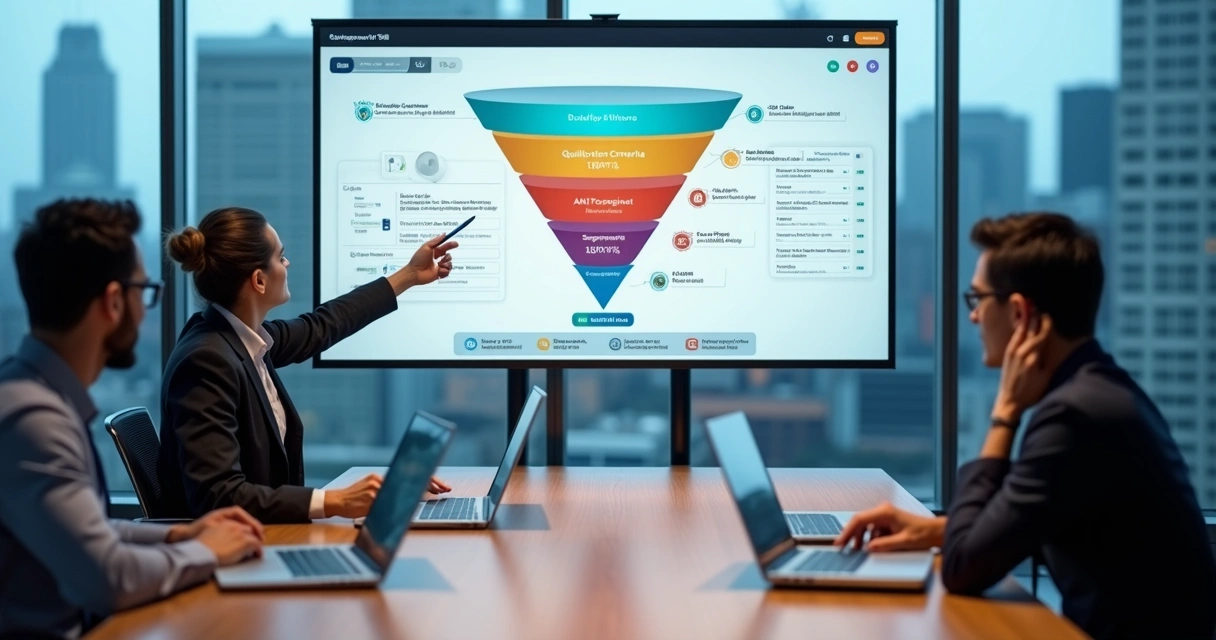 Executivos analisando painéis de dados e funil de vendas em ambiente corporativo moderno 