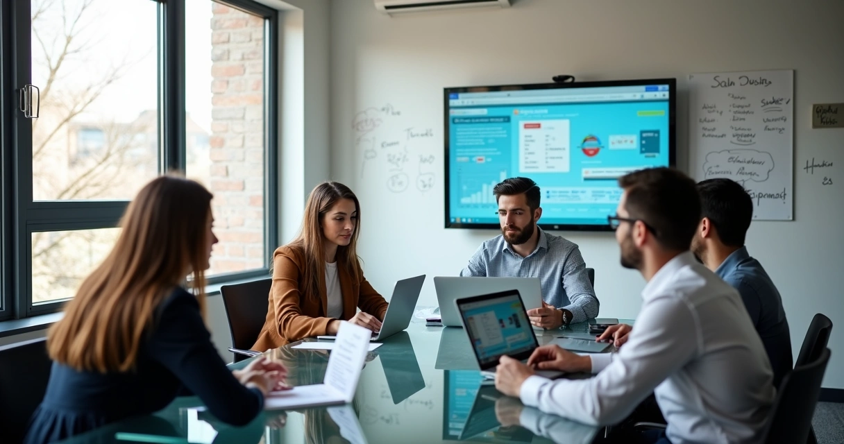 Equipe de vendas analisando lista de potenciais clientes e conteúdo digital na tela 