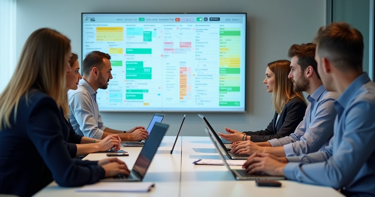 Profissionais de vendas usando notebooks e discutindo lista de potenciais clientes em escritório moderno 