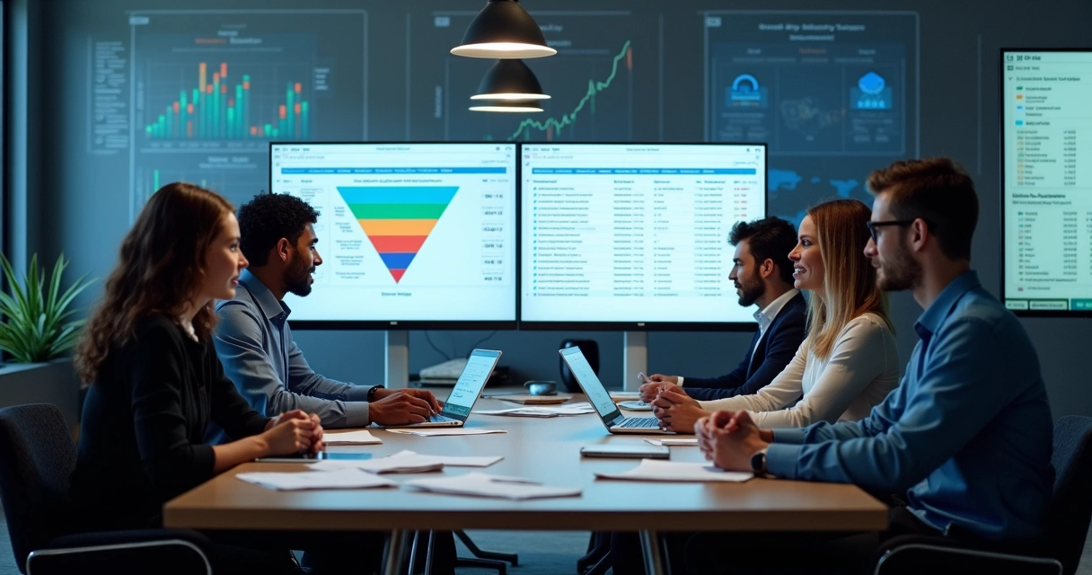 Equipe comercial analisando listas de empresas em telas, com gráficos de funil de vendas ao fundo 