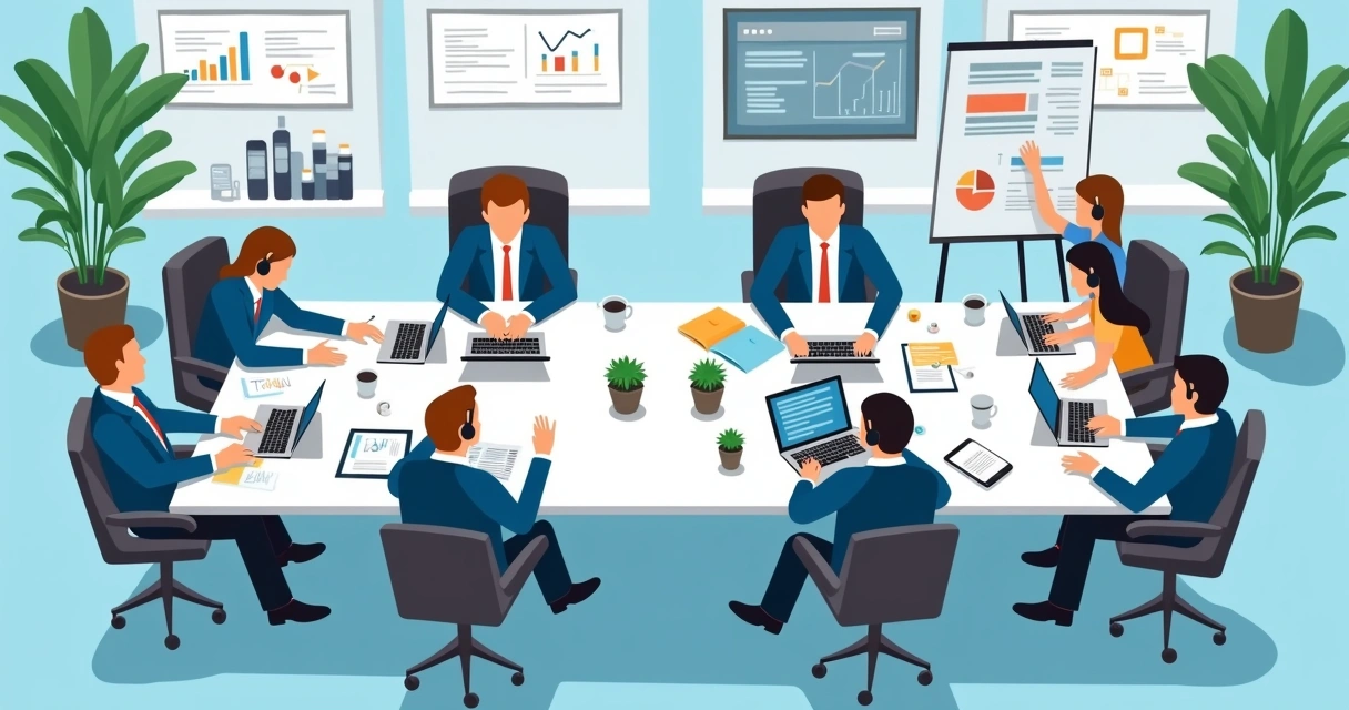 Equipe de vendas B2B sentada à mesa, dividida em dois grupos, um usando notebook para atender clientes e outro participando de reunião animada.