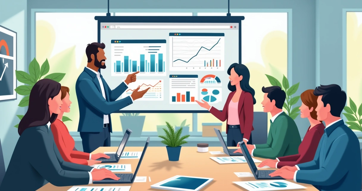 Equipe de vendas reunida ao redor de uma mesa, analisando gráficos e informações de empresas em papéis e computadores. 