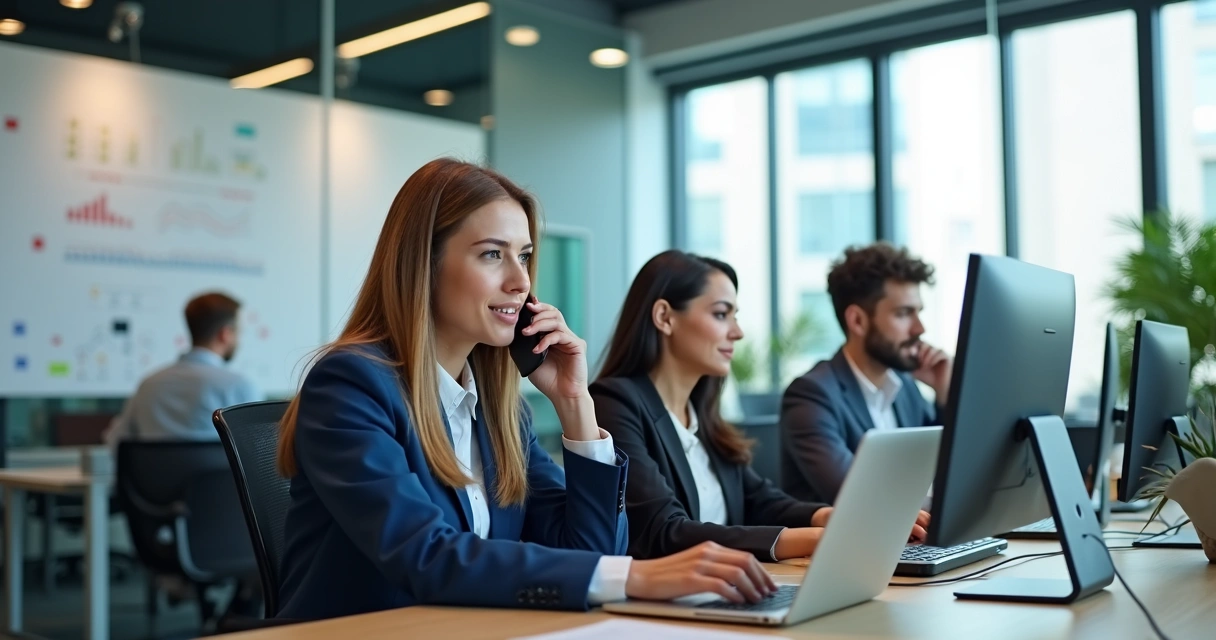 Equipe de vendas fazendo prospecção ativa em um escritório moderno 