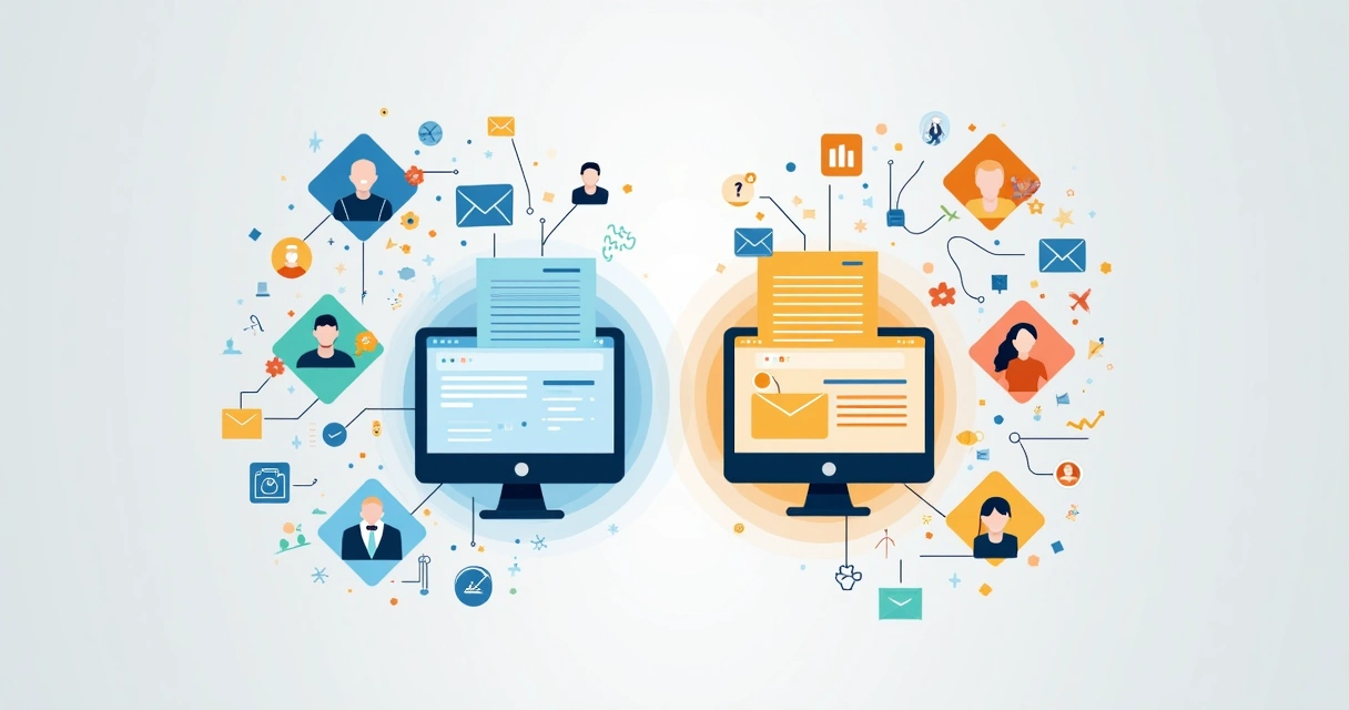 Infográfico de estratégias de prospecção B2B com ícones de dados, mensagens e contatos 