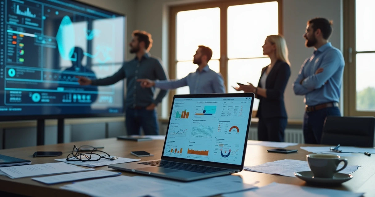 Mesa de escritório com notebook mostrando gráficos de vendas e inteligência artificial com equipe discutindo estratégias de prospecção B2B 