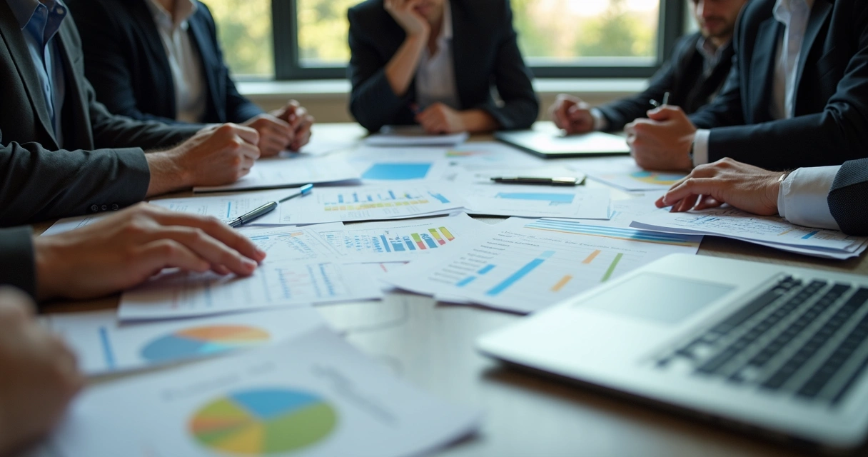 Profissionais tentando identificar decisores em lista de contatos corporativos 