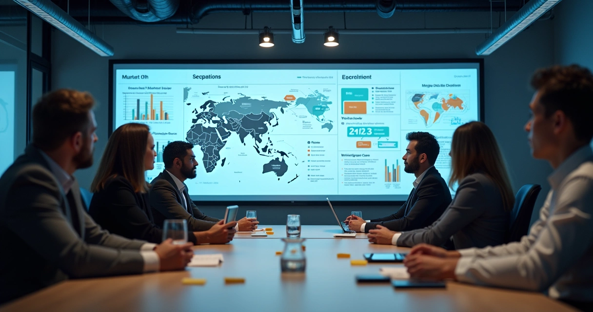 Equipes de vendas analisando mapas e gráficos do mercado B2B em tela grande 