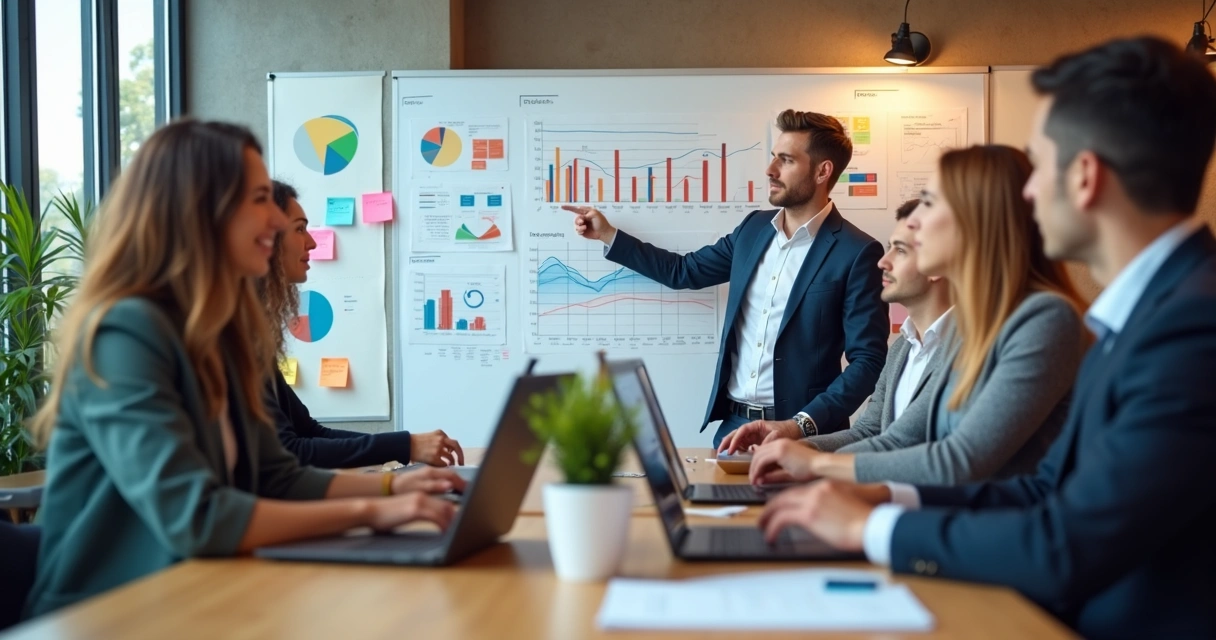 Equipe comercial reunida analisando dados em laptops e quadros brancos.