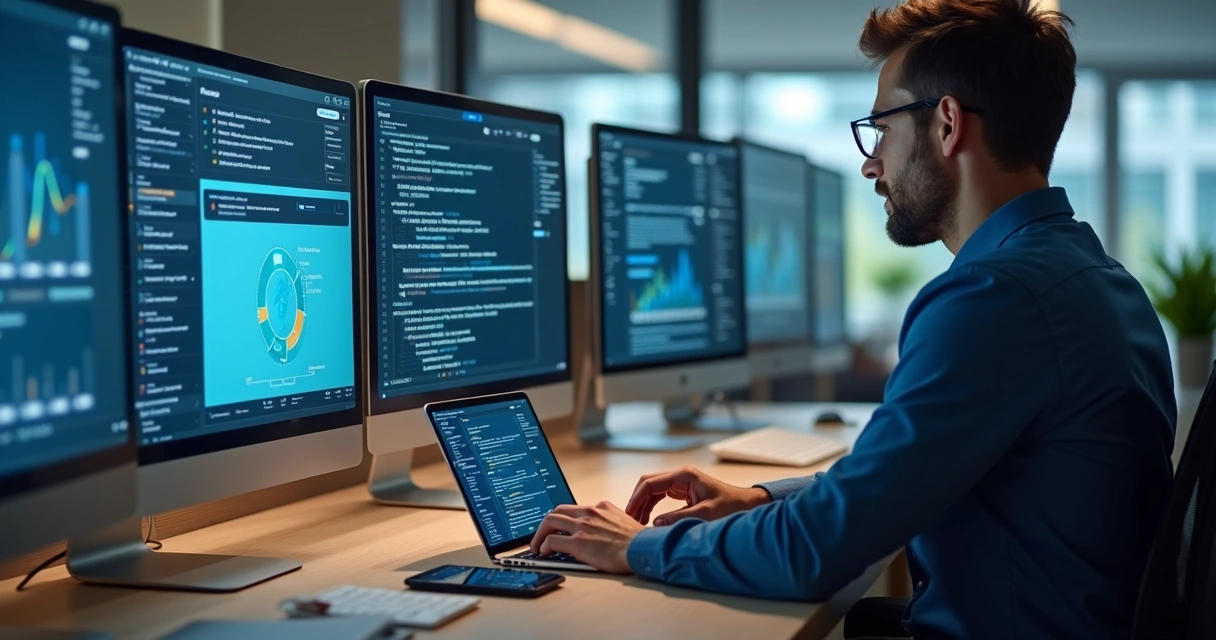 Profissional realizando prospecção B2B digital com múltiplos dispositivos 