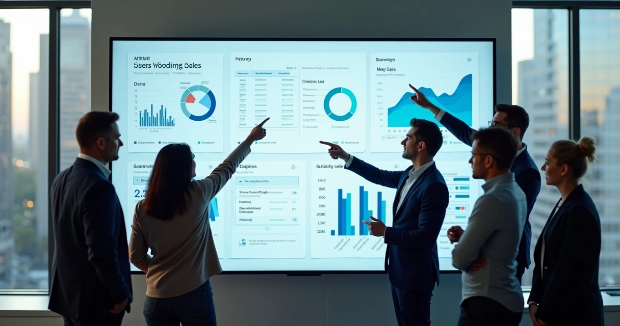 Equipe de vendas analisando dados em telas digitais em ambiente de escritório moderno 