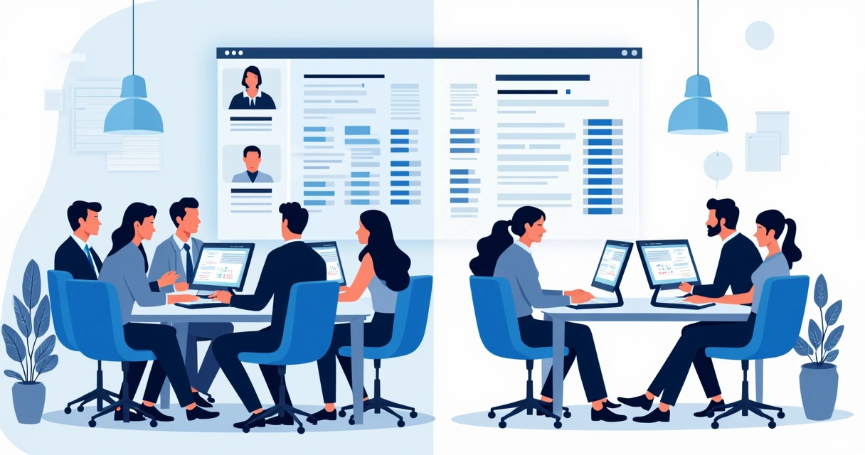 Ilustração comparando uma equipe de vendas analisando dados de uma base de leads pronta à esquerda, e outra equipe realizando prospecção manual no LinkedIn à direita.