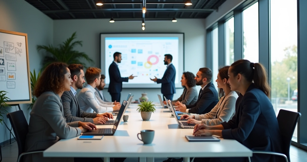 Equipe de pré-venda em reunião analisando listas de prospecção 