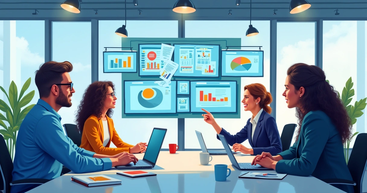 Profissionais discutindo estratégias de prospecção de clientes em sala de reunião moderna com gráficos e dados em telas ao fundo 