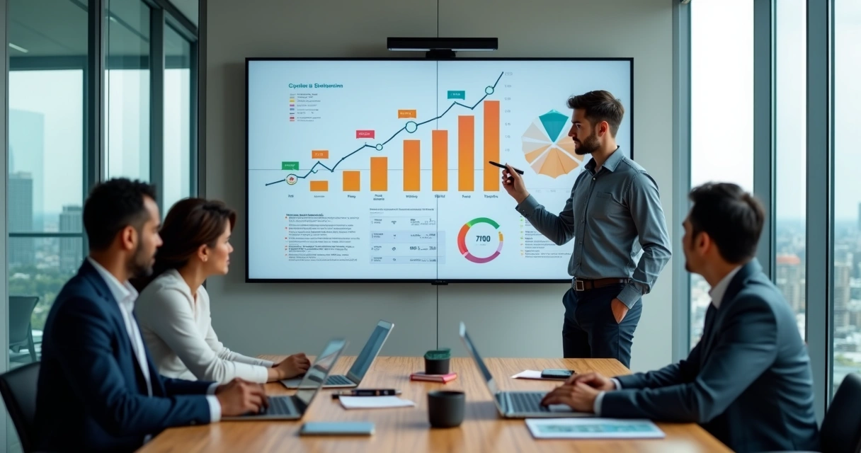 Profissional de BPO financeiro apresentando resultados de prospecção de clientes em reunião de negócios 